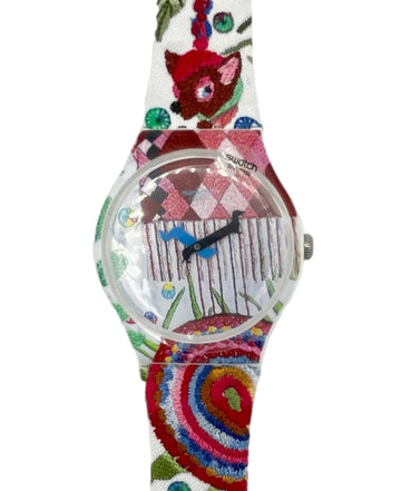 Colorful watch with a floral pattern on a white background