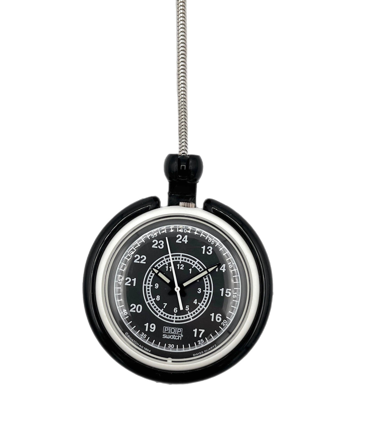Black and silver pocket watch on a white background