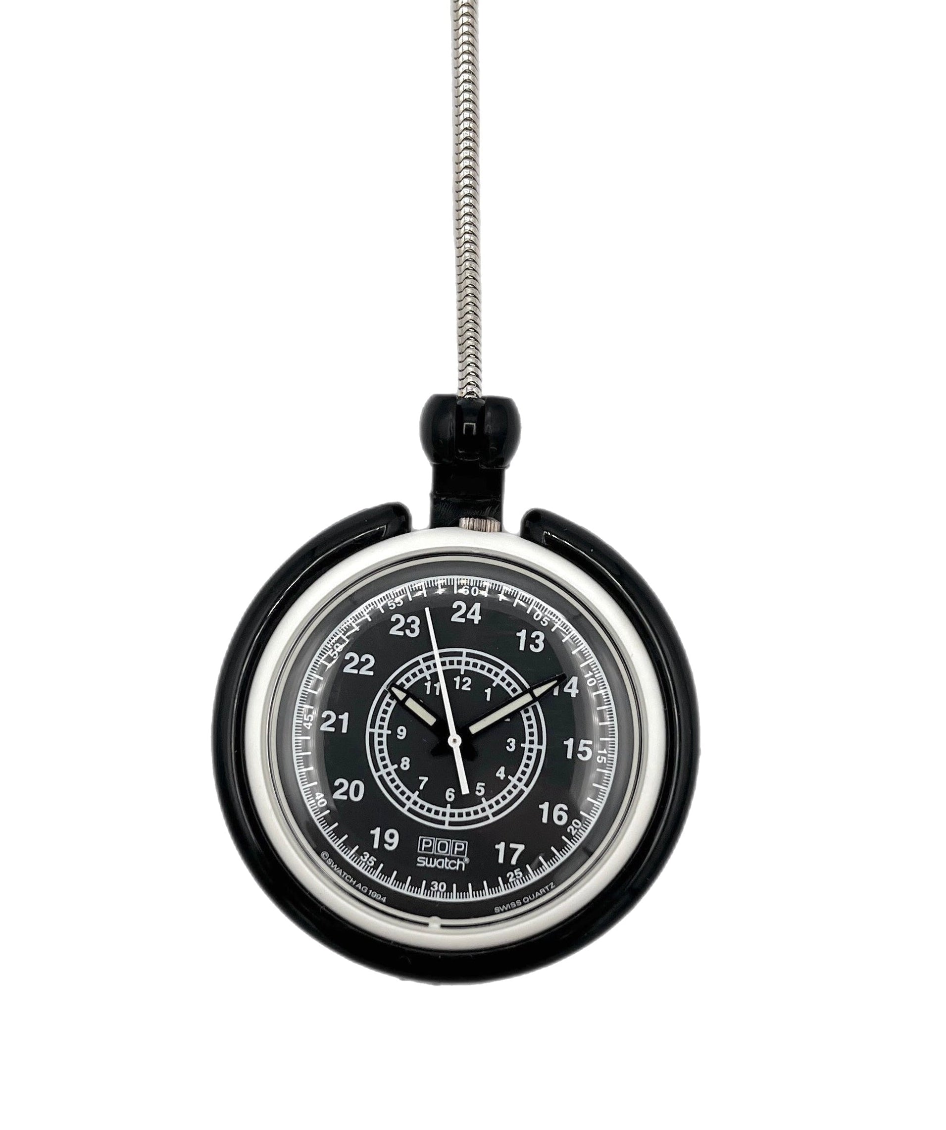 Black and silver pocket watch on a white background