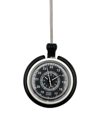 Black and silver pocket watch on a white background