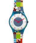 Colorful Swatch watch with a patterned strap on a white background