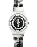 A Swatch wristwatch featuring a white case and strap with a black and white graphic print of faces. The watch dial is black with a white central bar and a black geometric border.