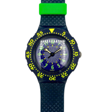 Wristwatch with blue strap and green accents on a white background