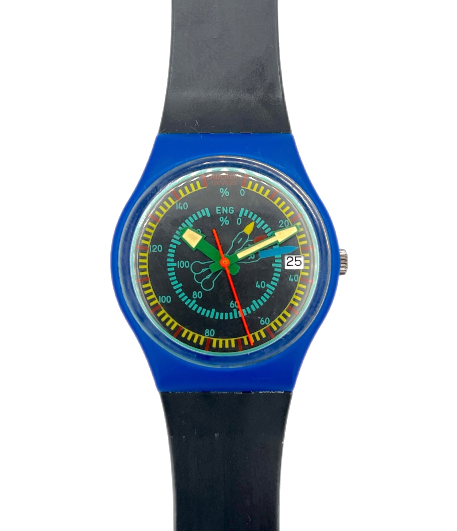 A Swatch wristwatch with a bright blue case, black strap, and a colorful dial featuring yellow, green, and red accents.