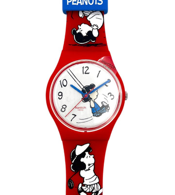 Red watch with cartoon characters on a white background