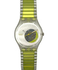 Watch with a green and silver band on a white background