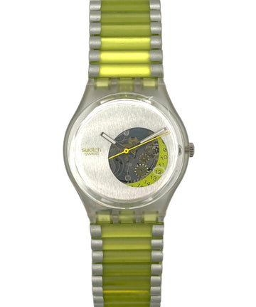 Watch with a green and silver band on a white background