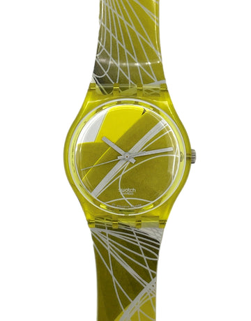 Yellow Swatch watch with white design on a white background