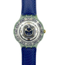 Watch with blue strap and silver case on a white background