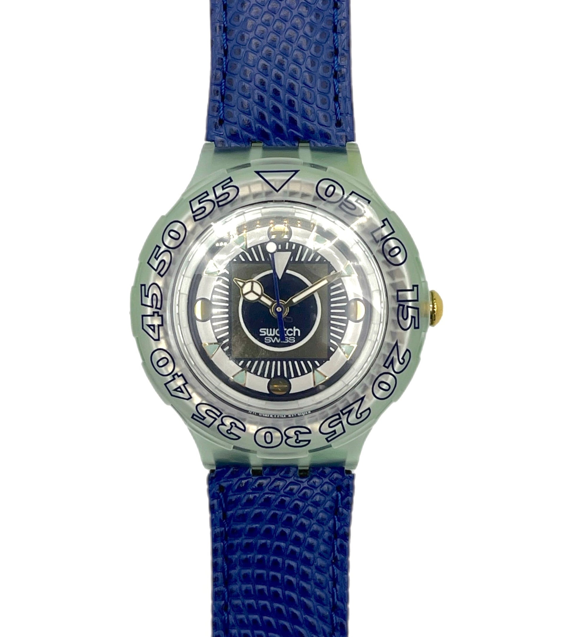 Watch with blue strap and silver case on a white background