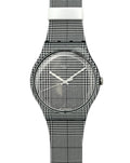 Silver watch with mesh band on a white background