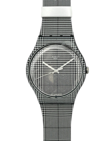Silver watch with mesh band on a white background