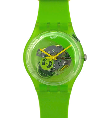 Green Swatch watch with a yellow strap on a white background