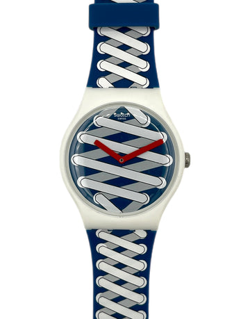 Wristwatch with blue and white strap on a white background