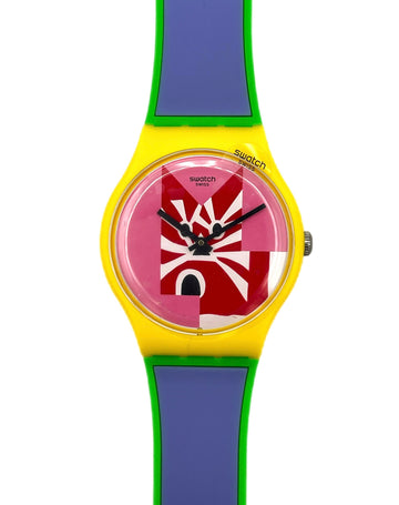 Colorful Swatch watch with a unique design on a white background