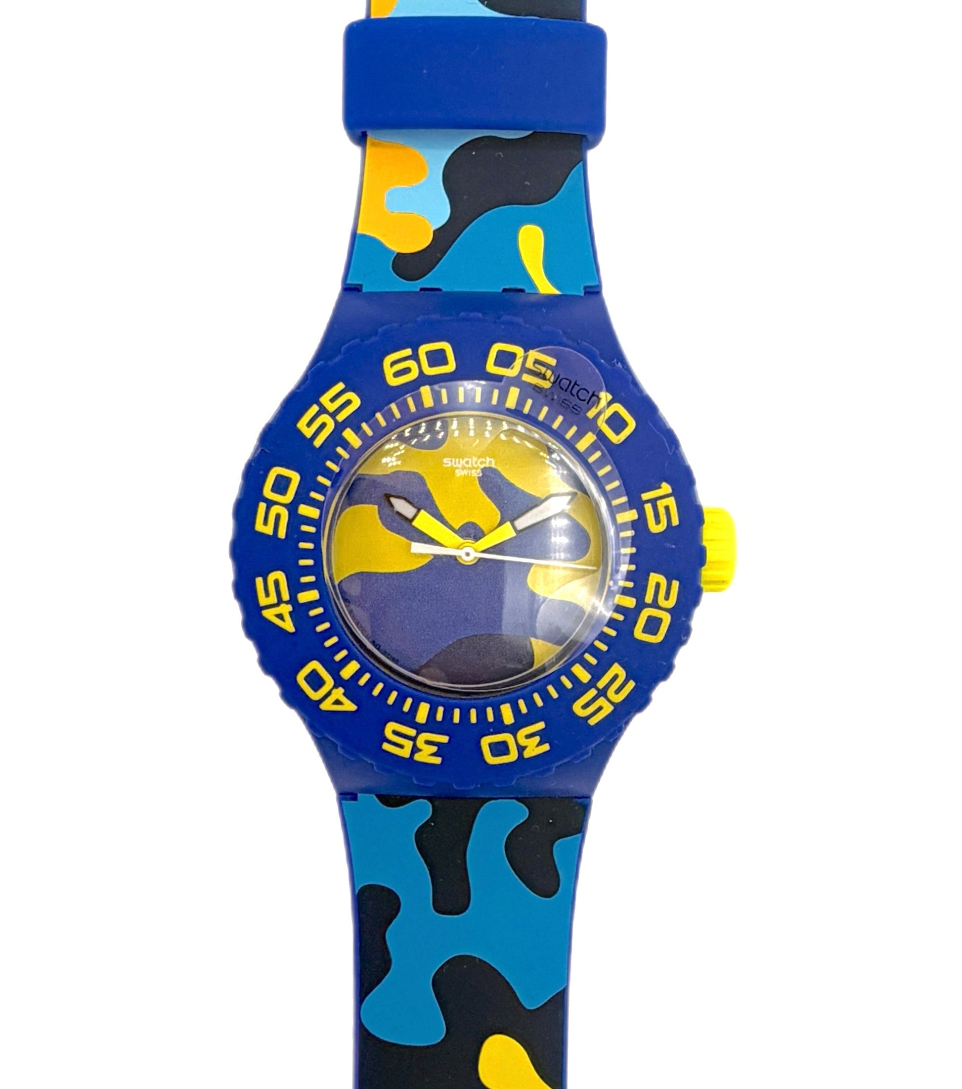 A kids' silicone watch with a blue, yellow, and black camouflage pattern strap and case, featuring a yellow dial with a cartoon character.