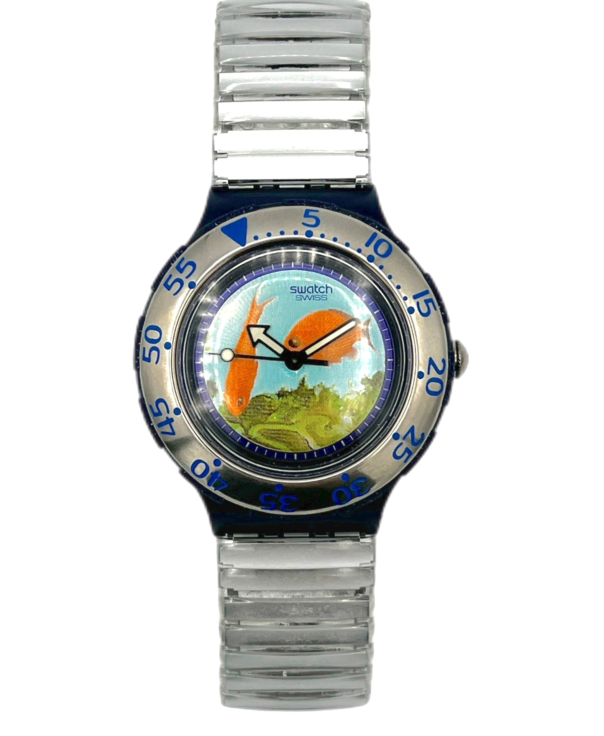 Watch with a colorful face and silver band on a white background