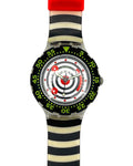 Wristwatch with a black and white striped strap on a white background