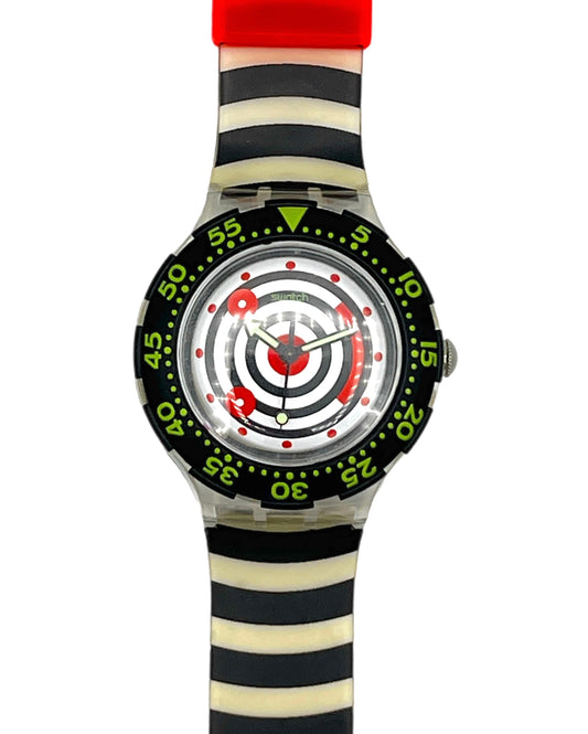 Wristwatch with a black and white striped strap on a white background
