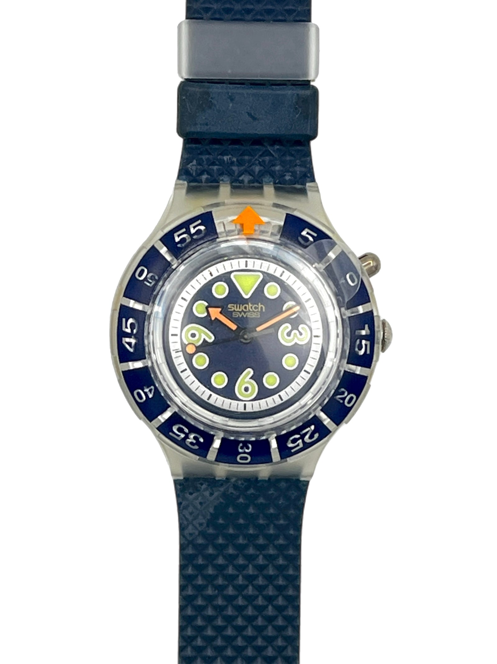 Swatch Swatch Speedo watch with a textured blue strap, blue dial, and blue bezel with white numerals and orange accents.