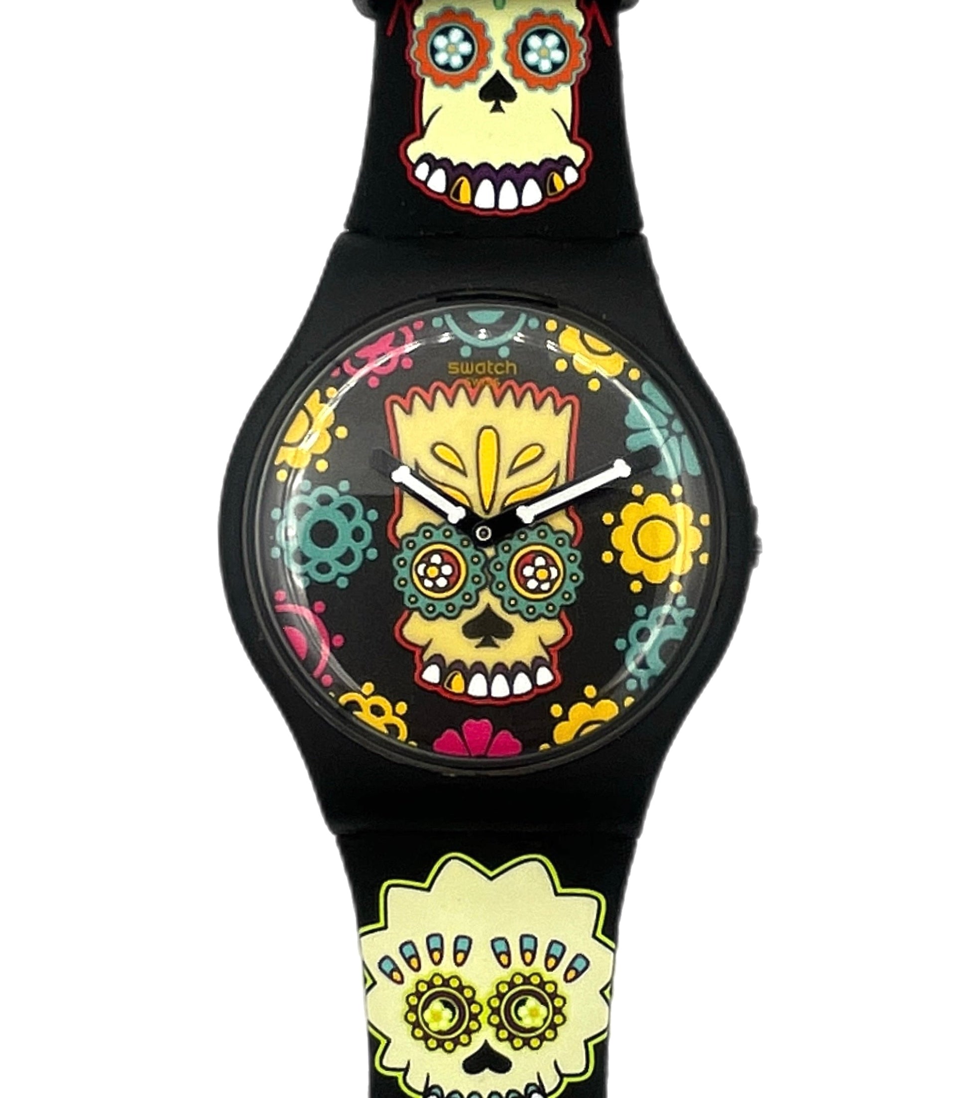 Watch with colorful skull design on a black strap, featuring 'The Simpsons' branding.