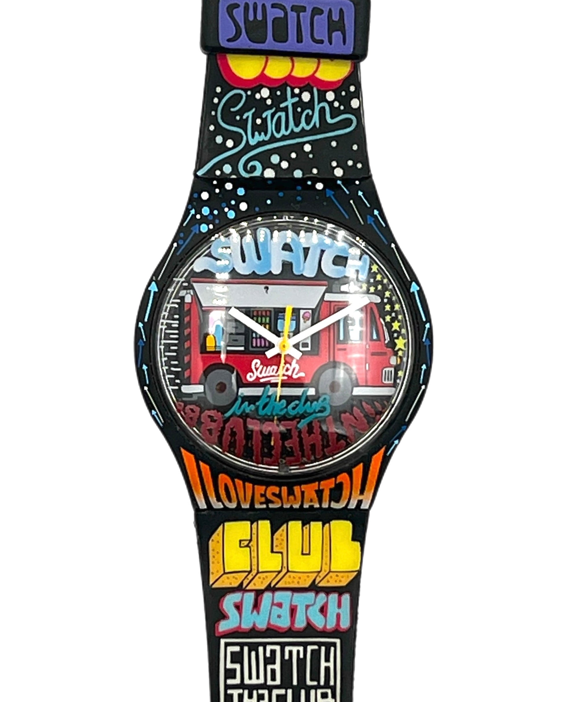 A Swatch brand wristwatch with a black strap and case decorated with colorful graffiti-style text and graphics, including 'I LOVE SWITCH', 'SWATCH', 'Club Swatch', and 'Swatch The Club'.