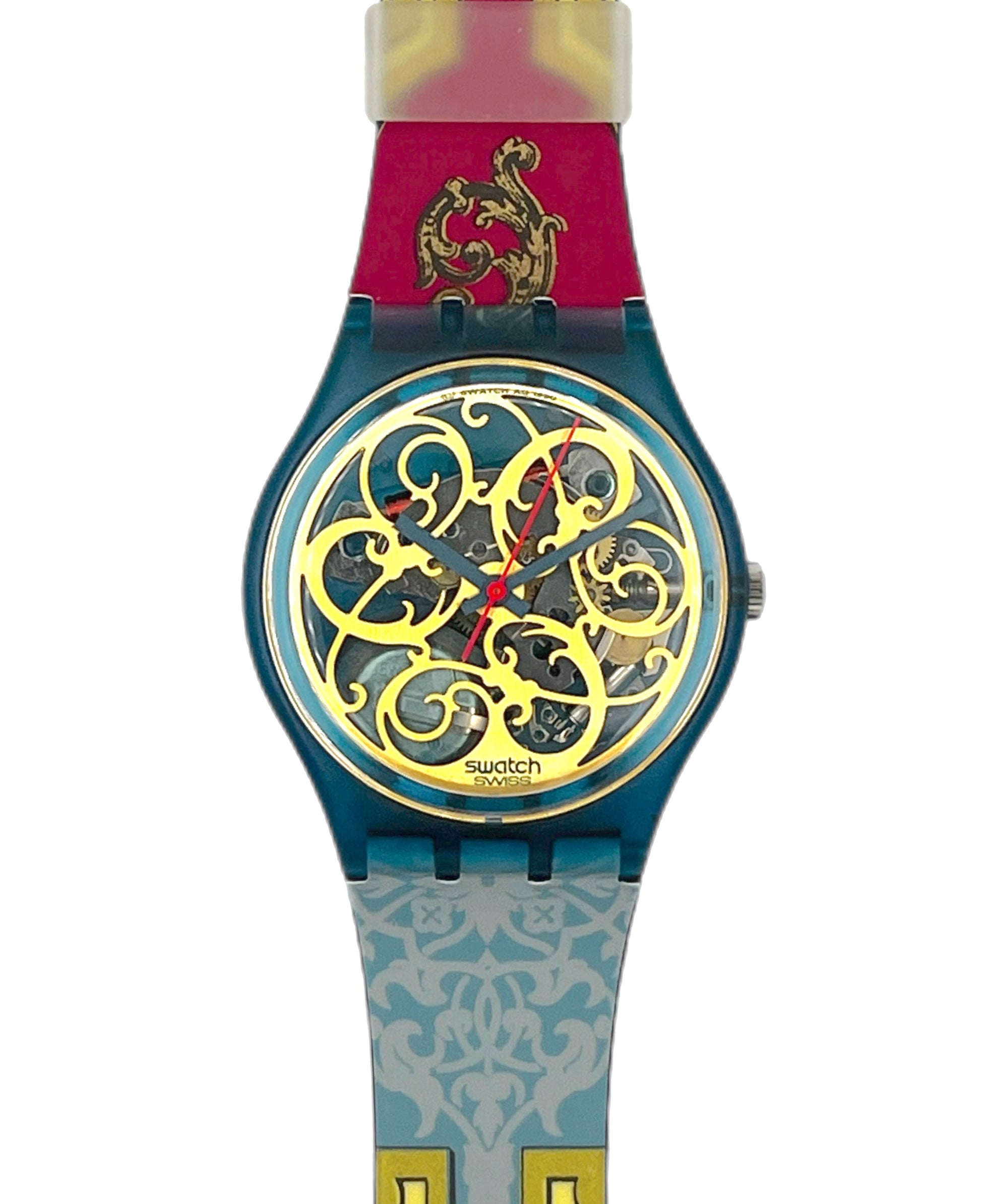 Swatch watch with intricate design on a white background