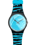 Swatch watch with a black case, light blue dial, and a black and blue patterned silicone strap, shown against a plain white background.