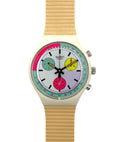 Swatch watch with a colorful face and beige strap on a white background