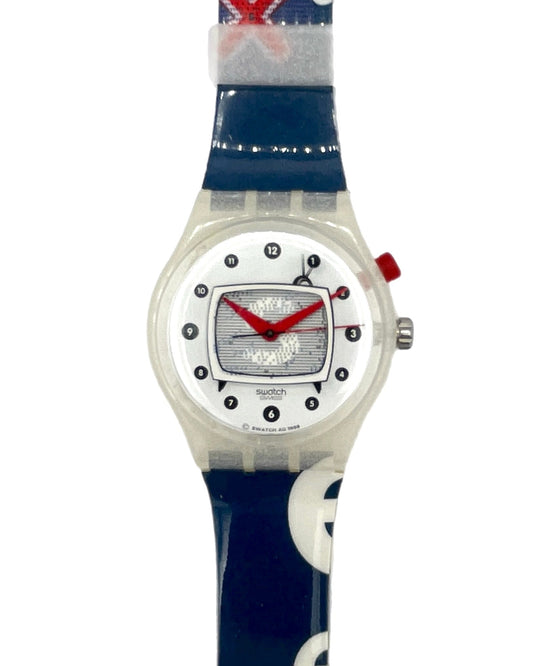 Watch with a blue strap featuring a logo on a white background