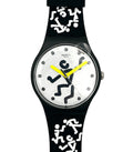 Swatch watch with black strap and white dial featuring black abstract designs on a white background