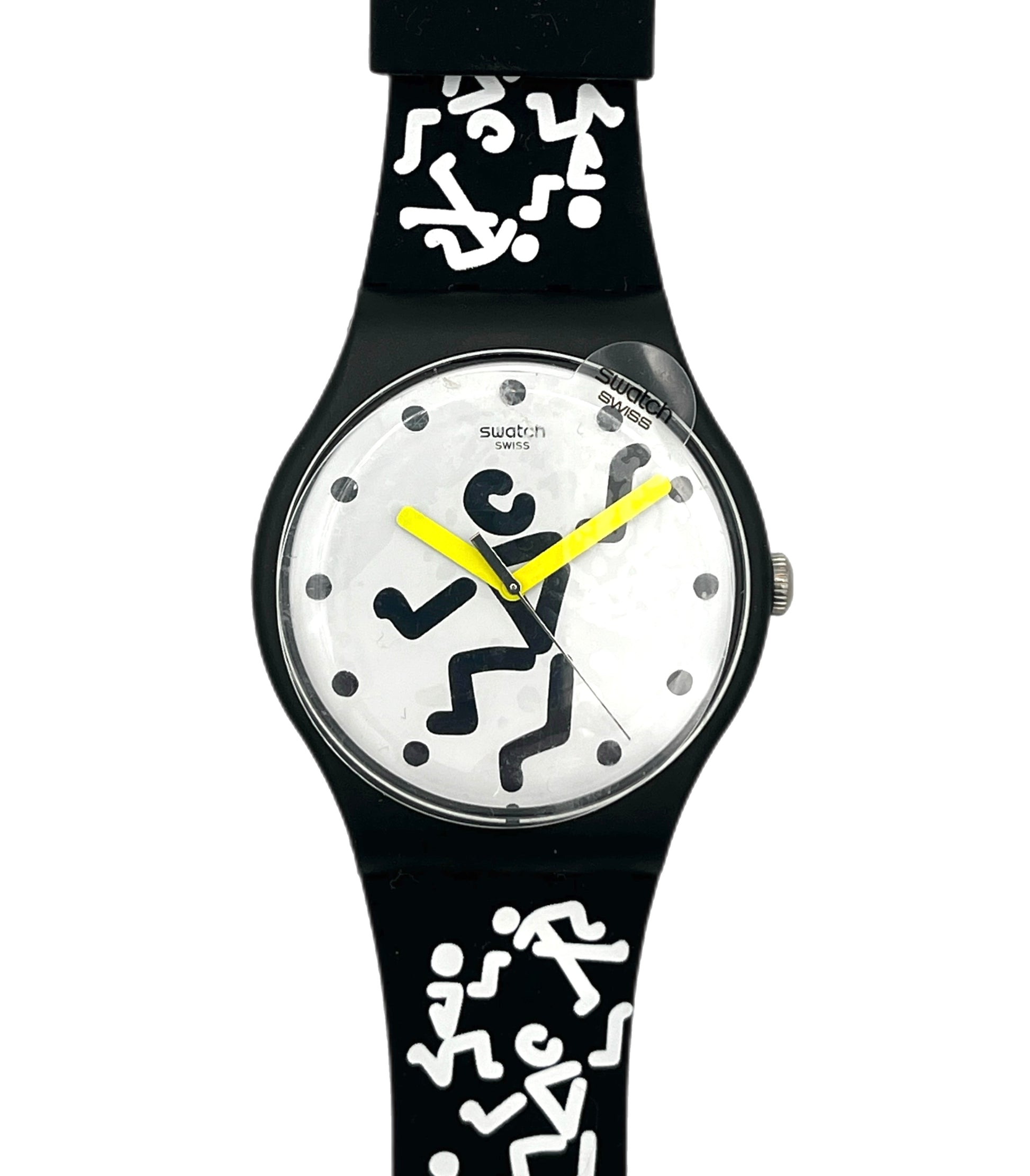 Swatch watch with black strap and white dial featuring black abstract designs on a white background