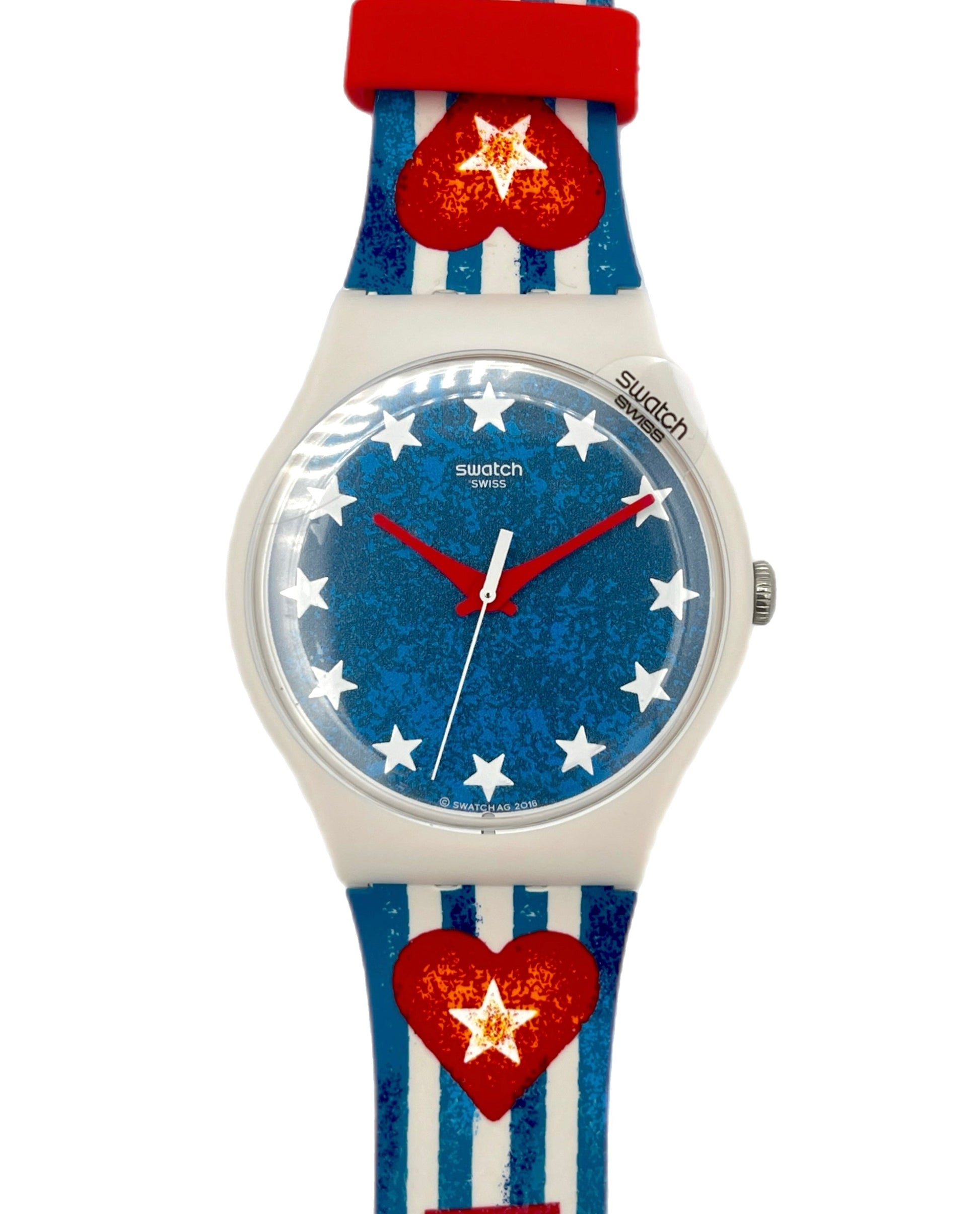 Swatch watch with red, white, and blue strap on a white background