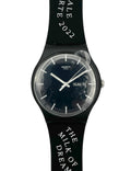 Black Swatch watch with text on a white background