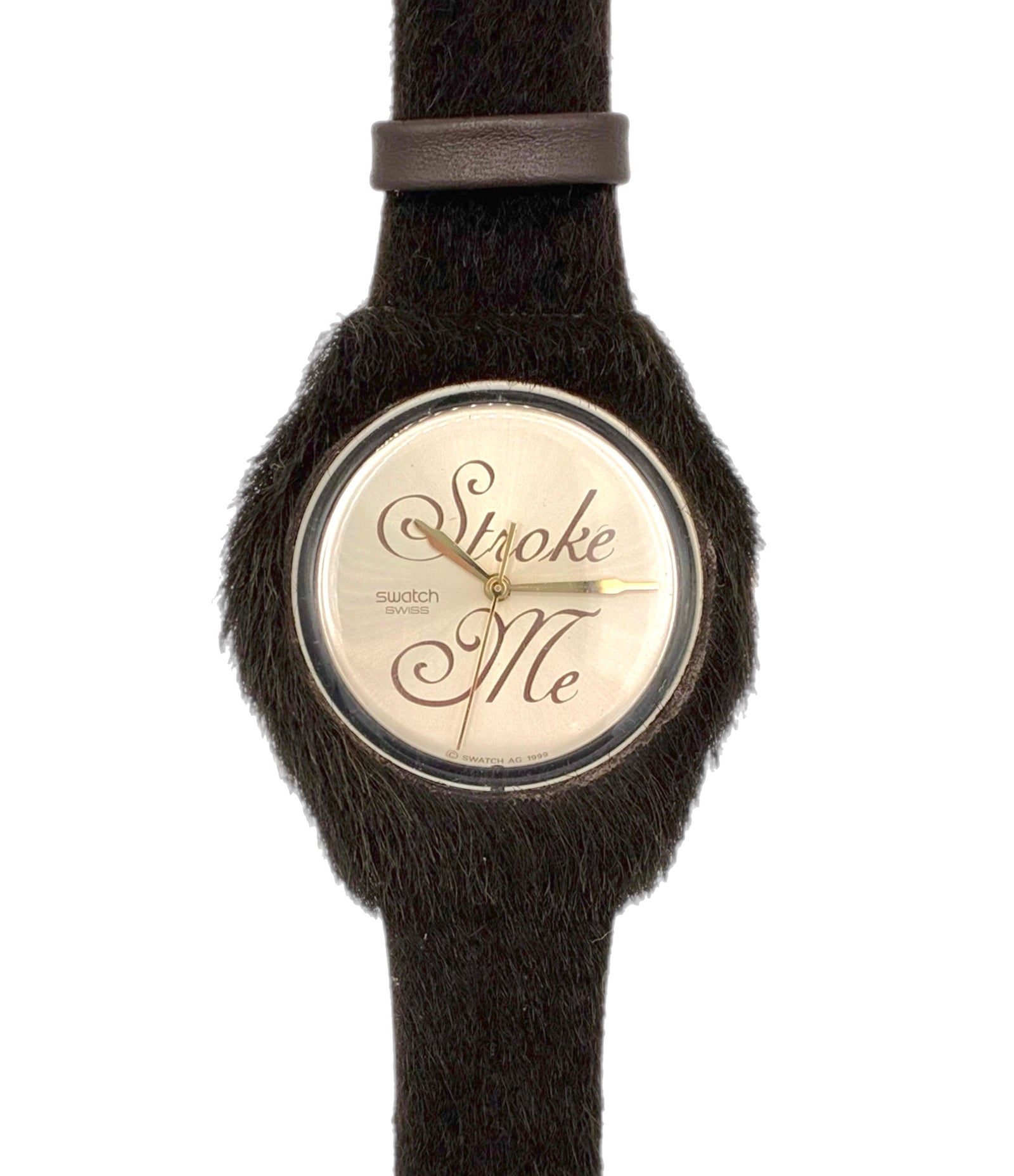 Wristwatch with black strap and gold face on a white background