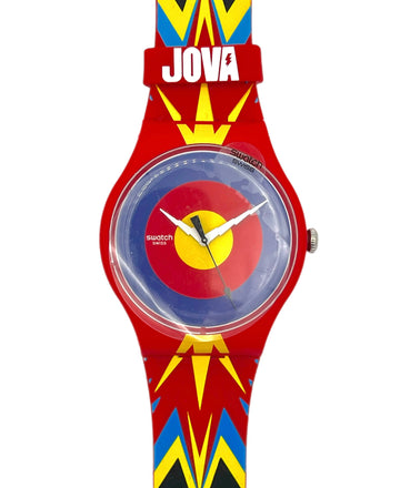 Colorful watch with a red strap featuring the brand 'Jova' on a white background