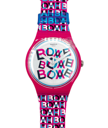 Watch with colorful text pattern on a white background