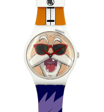 Swatch watch with a character design on the face, featuring a colorful strap.