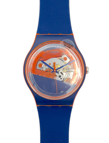 Watch with blue strap and orange face on a white background