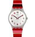 Swatch watch with a red and pink striped strap on a white background