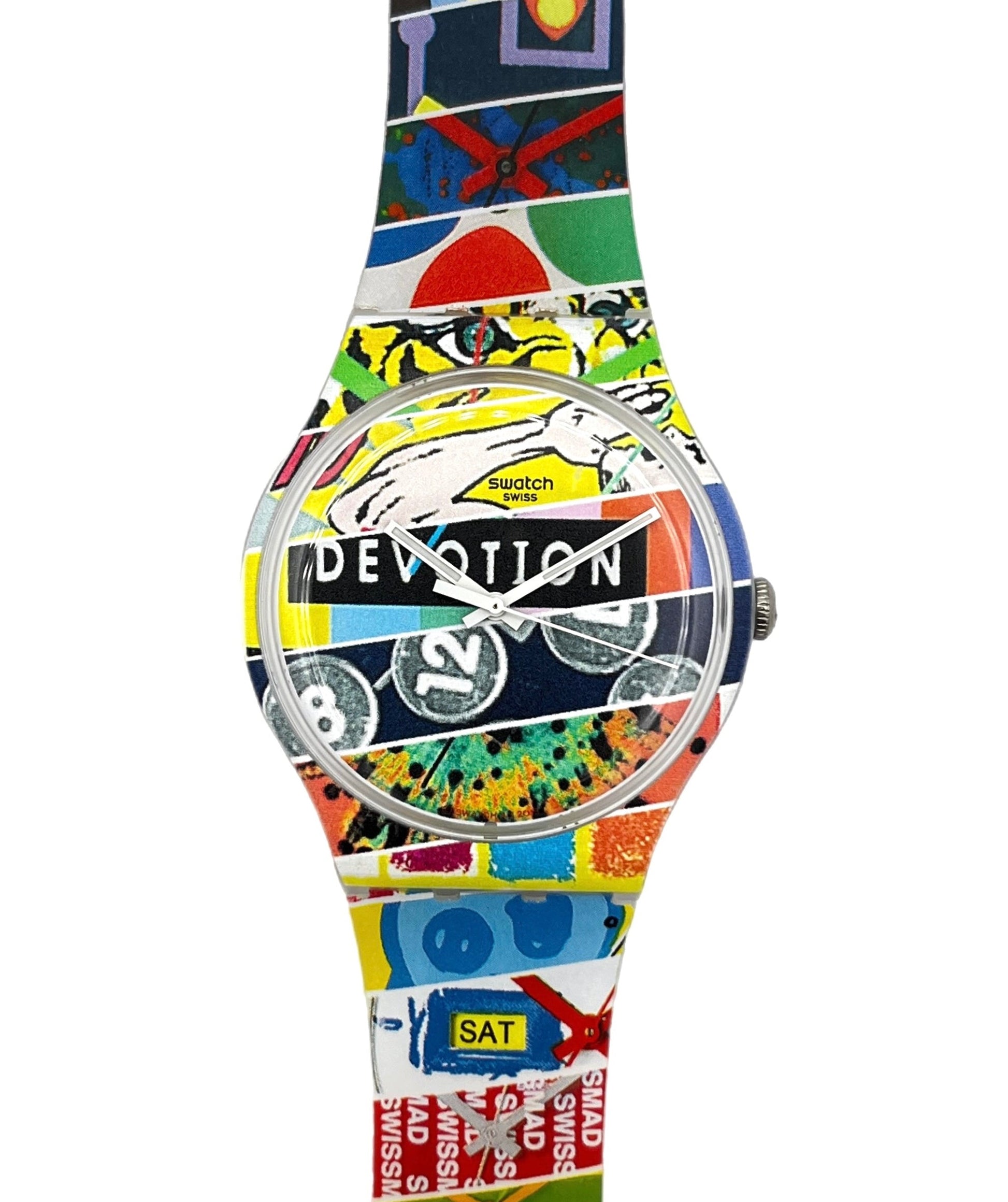 Colorful watch with abstract design on a white background