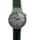 A Swatch wristwatch featuring an olive green silicone strap and case, with a textured gray dial and black numerals.