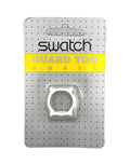 A small Swatch Guard Too ring in its original retail blister packaging, featuring a silver metal ring inside a clear plastic bubble on a perforated gray backing card with a yellow band.