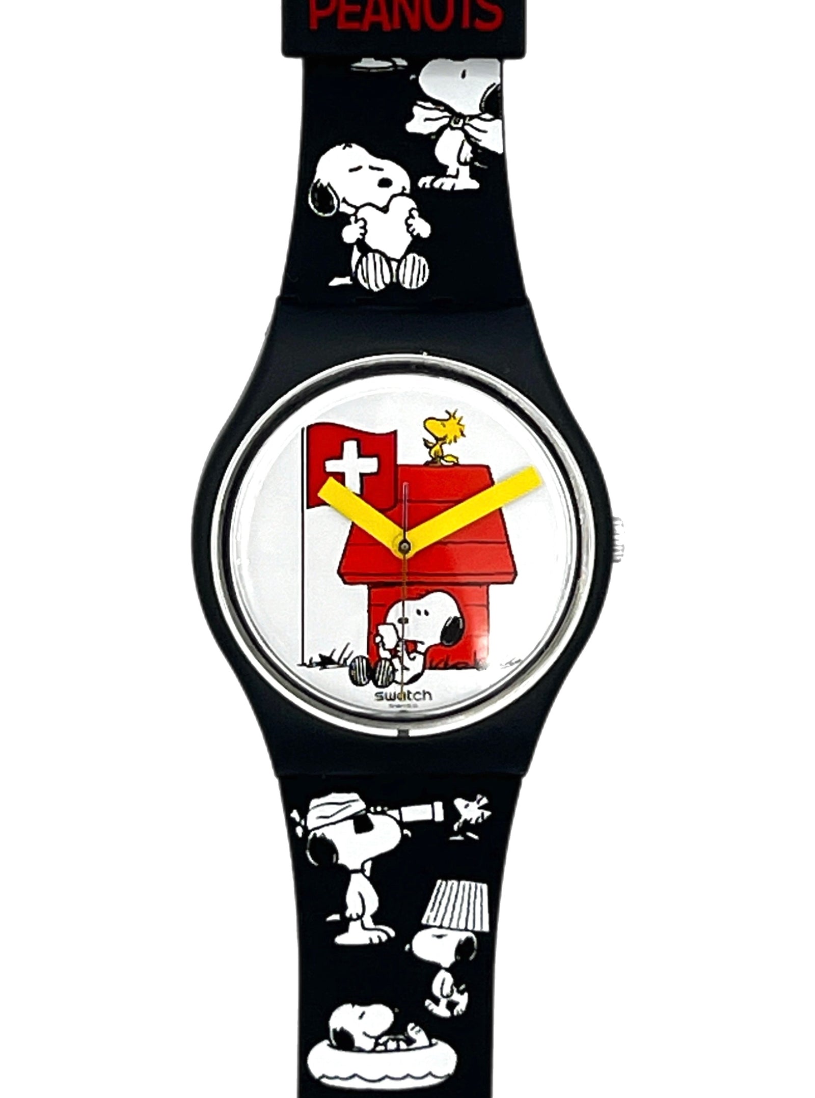 A Peanuts-themed wristwatch with a black strap featuring cartoon character prints, a round white dial, and red and yellow watch hands.