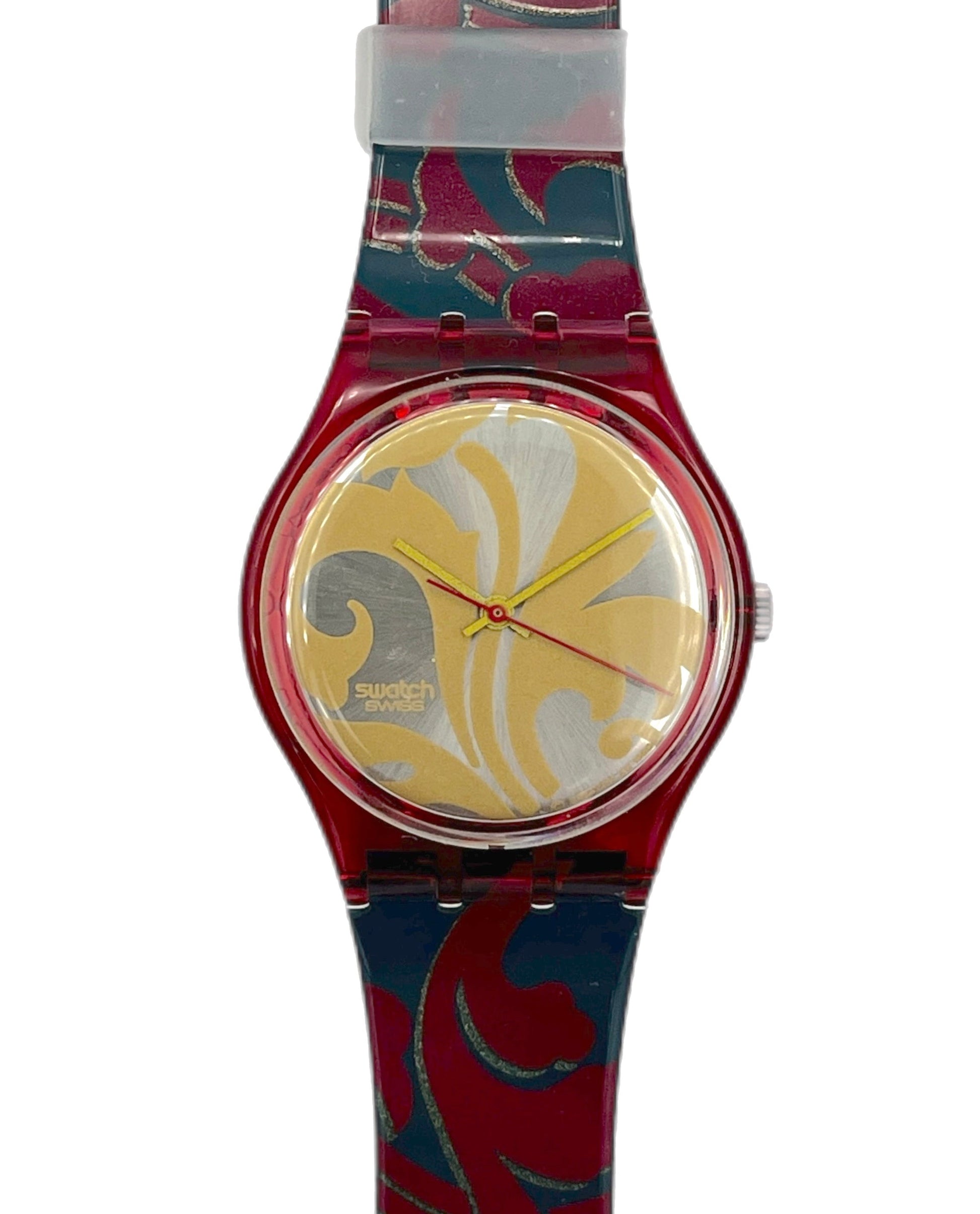 Watch with a colorful strap and yellow face on a white background